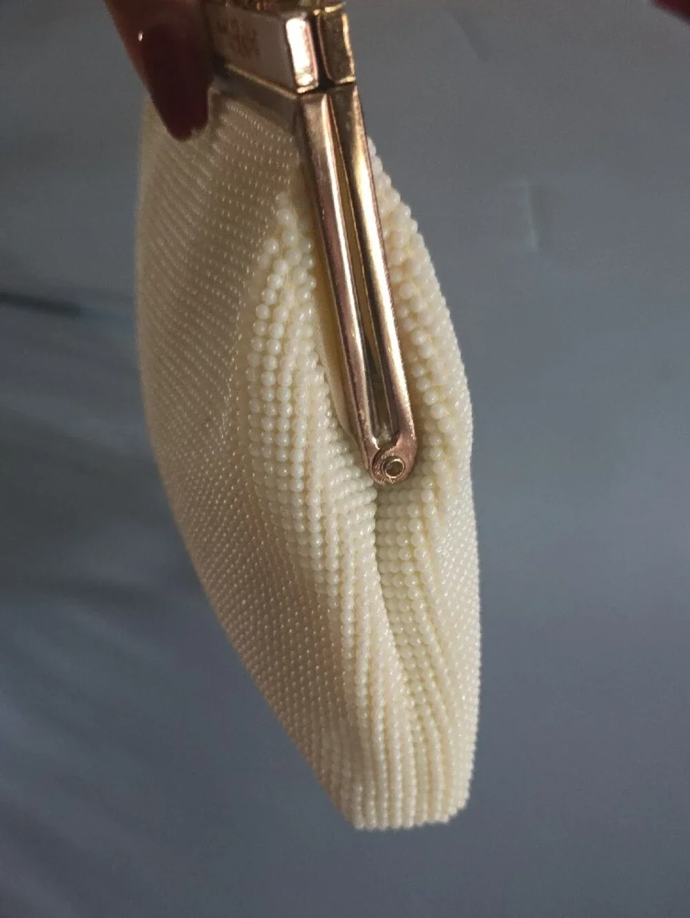 Cream Textured Chain-Handle Evening Clutch